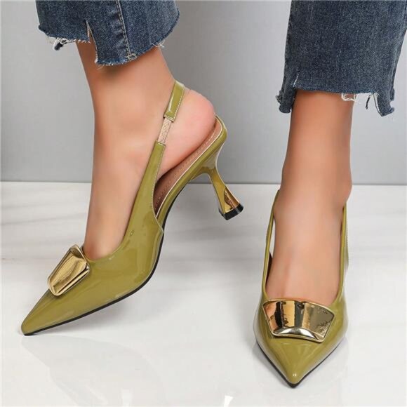 Stiletto (Green) – Alexander Noel NEW‎ - Elegant Olive Green Patent Leather Closed-Toe Stiletto Sandals, Women\'s